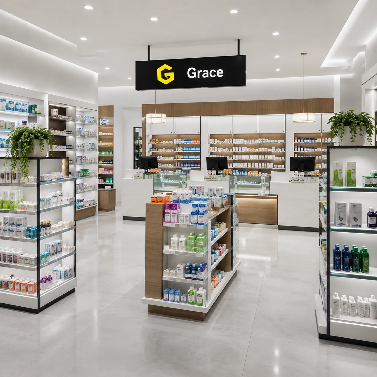 End to end pharmacy shopfitting with custom Rx cabinets OTC floor displays and marble reception desks