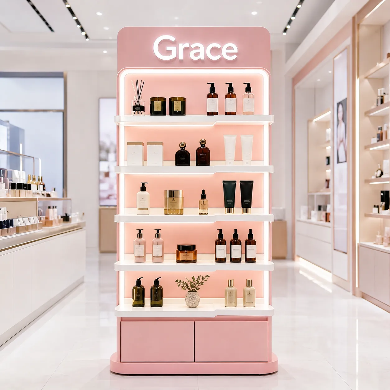 Custom pink LED-lit cosmetics gondola island with rounded base and lightbox for boutique shopfitting