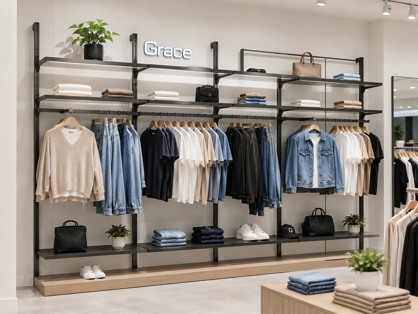 Modern wall mounted garment rack and clothing display system for boutique retail store