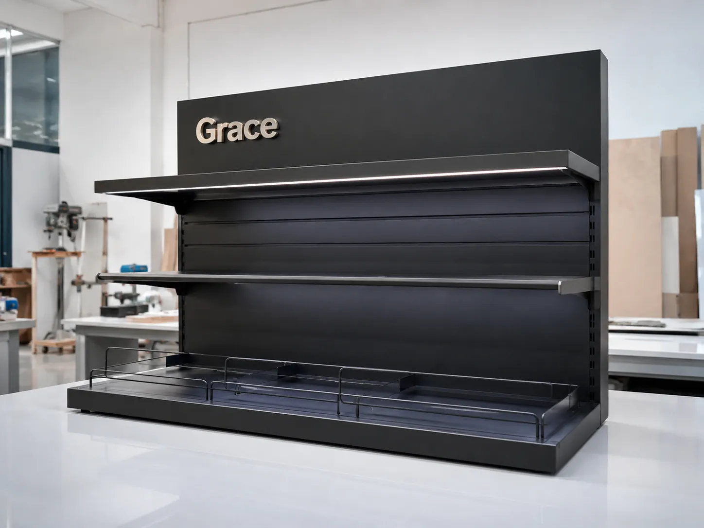 Bespoke retail display prototype with black metal slatwall and integrated LED lighting