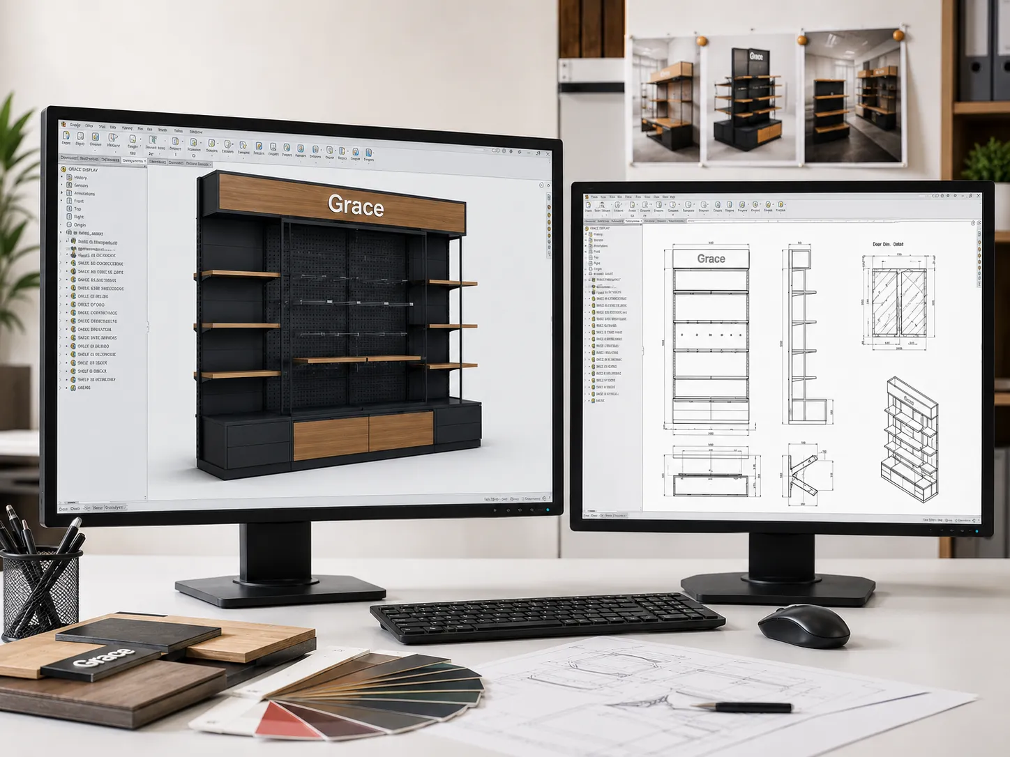 Bespoke retail store design consultation with 3D rendering and technical blueprints
