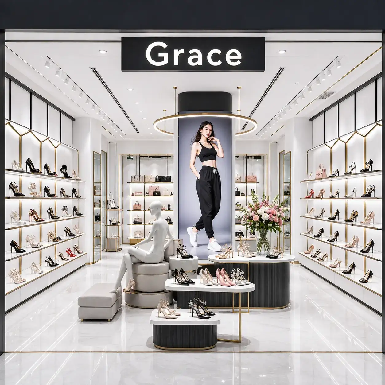 Bespoke Sneaker & Hype Store Display with LED pillar and gold shelving for retail shopfitting systems