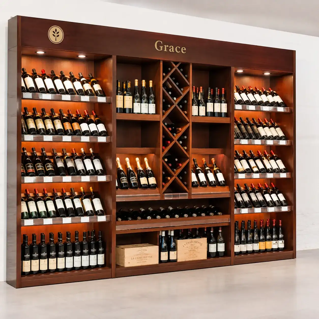 Bespoke wooden wine rack liquor store shelving with LED lights and X rack for commercial shopfitting