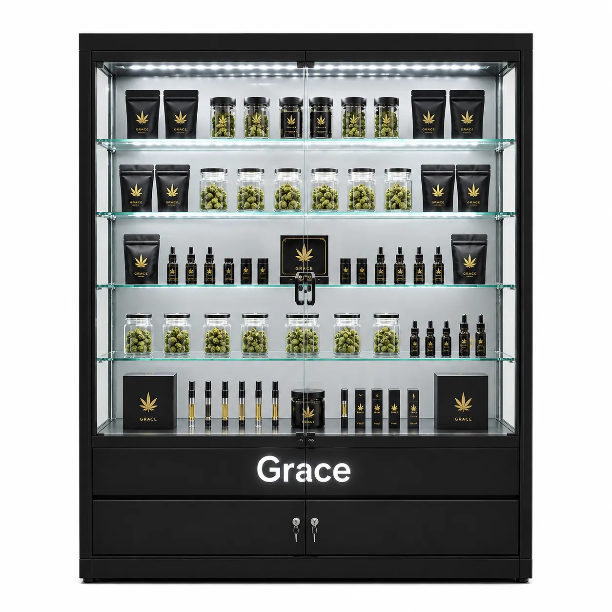 Bespoke black cannabis dispensary display cabinet with LED lighting for shopfitting