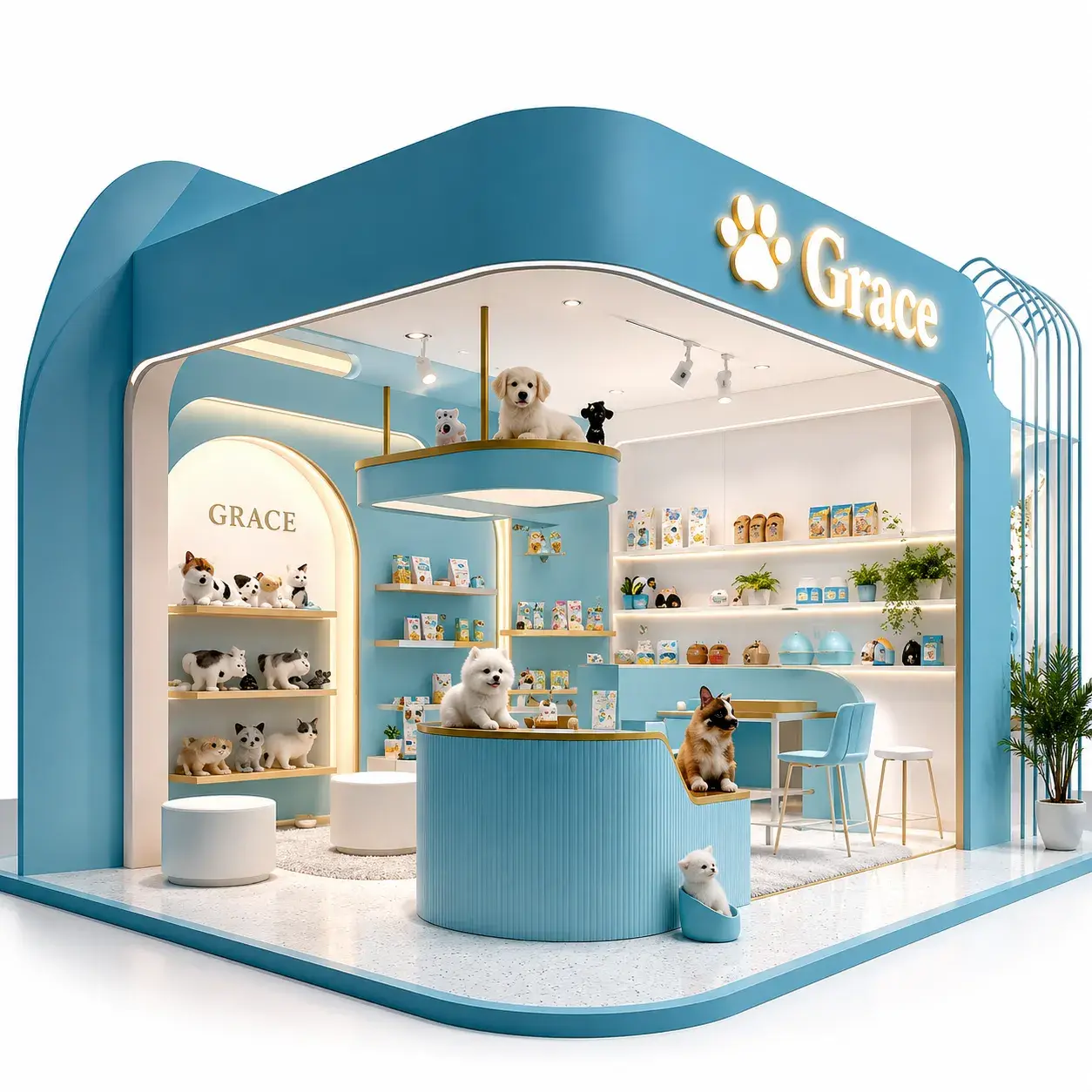 Custom blue Pet Shop Display fixtures and LED shelving for modern store shopfitting