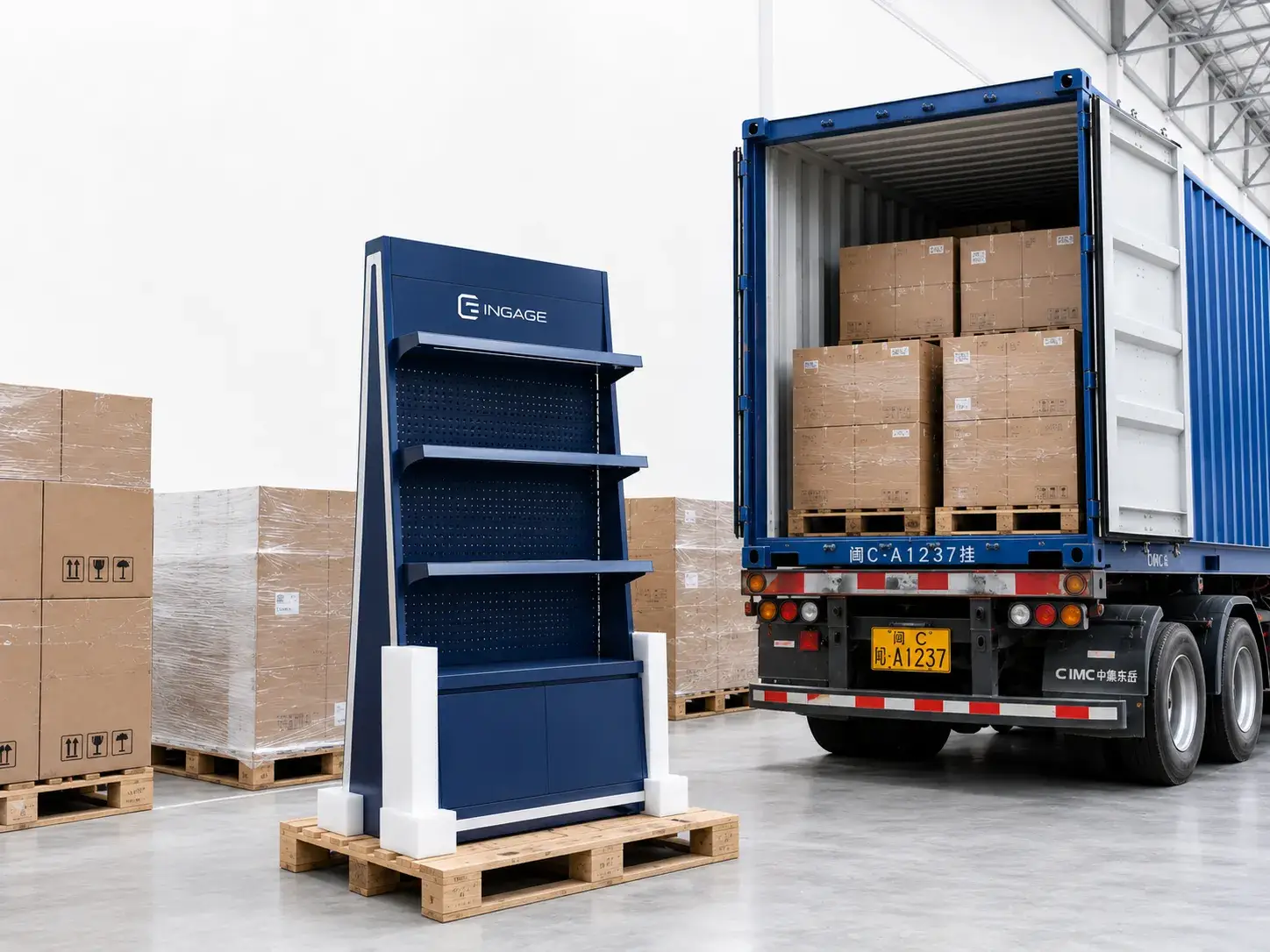 Bulk shipment of custom retail display racks and store fixtures loaded for global shipping