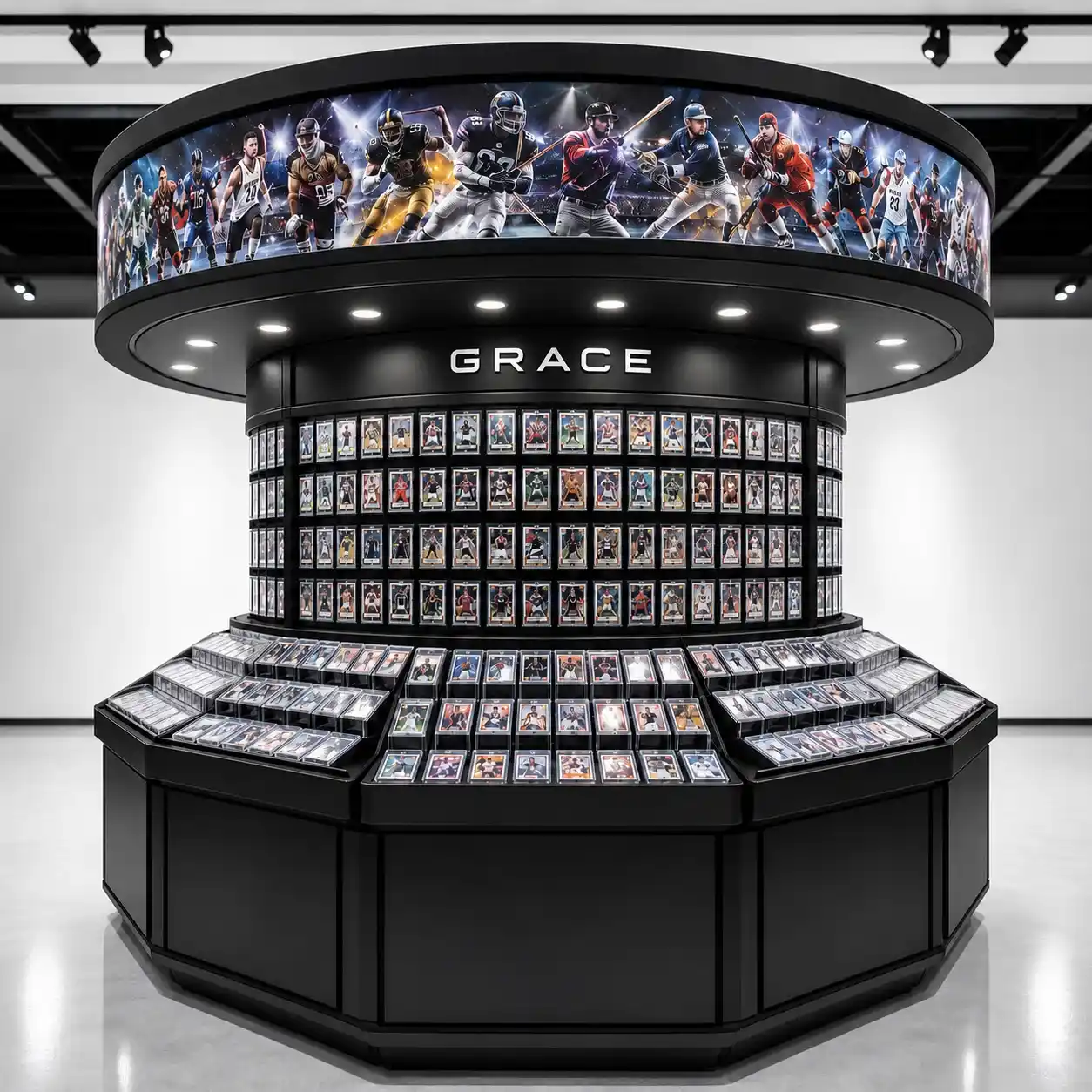Bespoke Sports Memorabilia Showcase island with 360 LED screen for trading card shopfitting