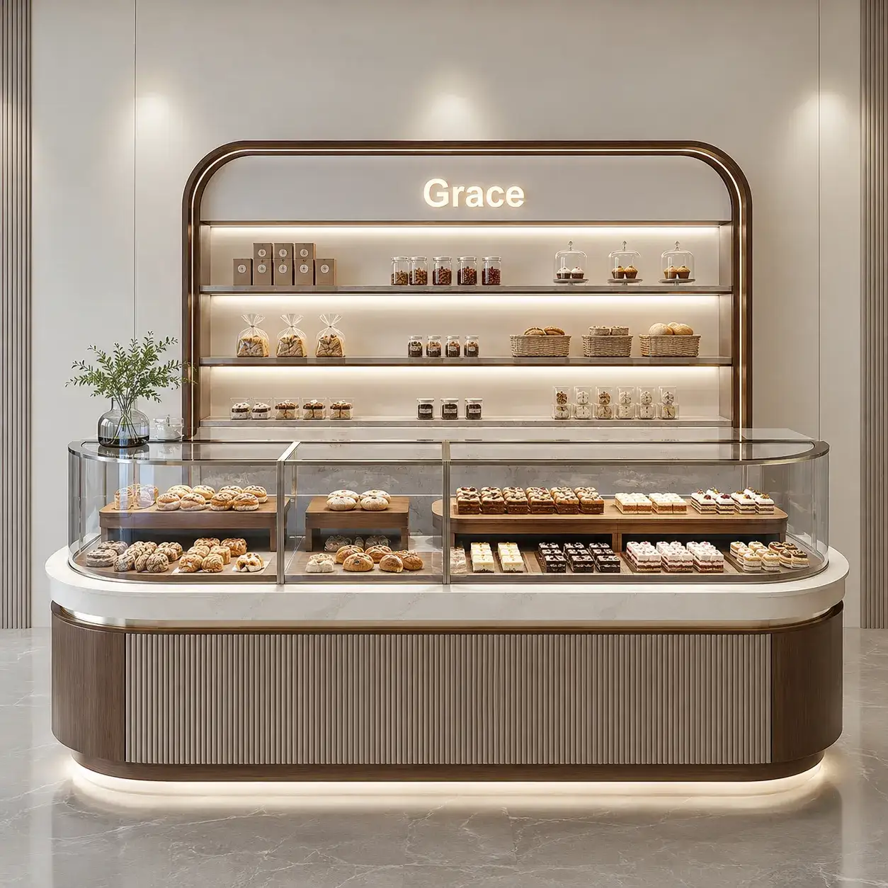 Coffee Shop Bakery Display Counter Fluted Wood Shopfitting