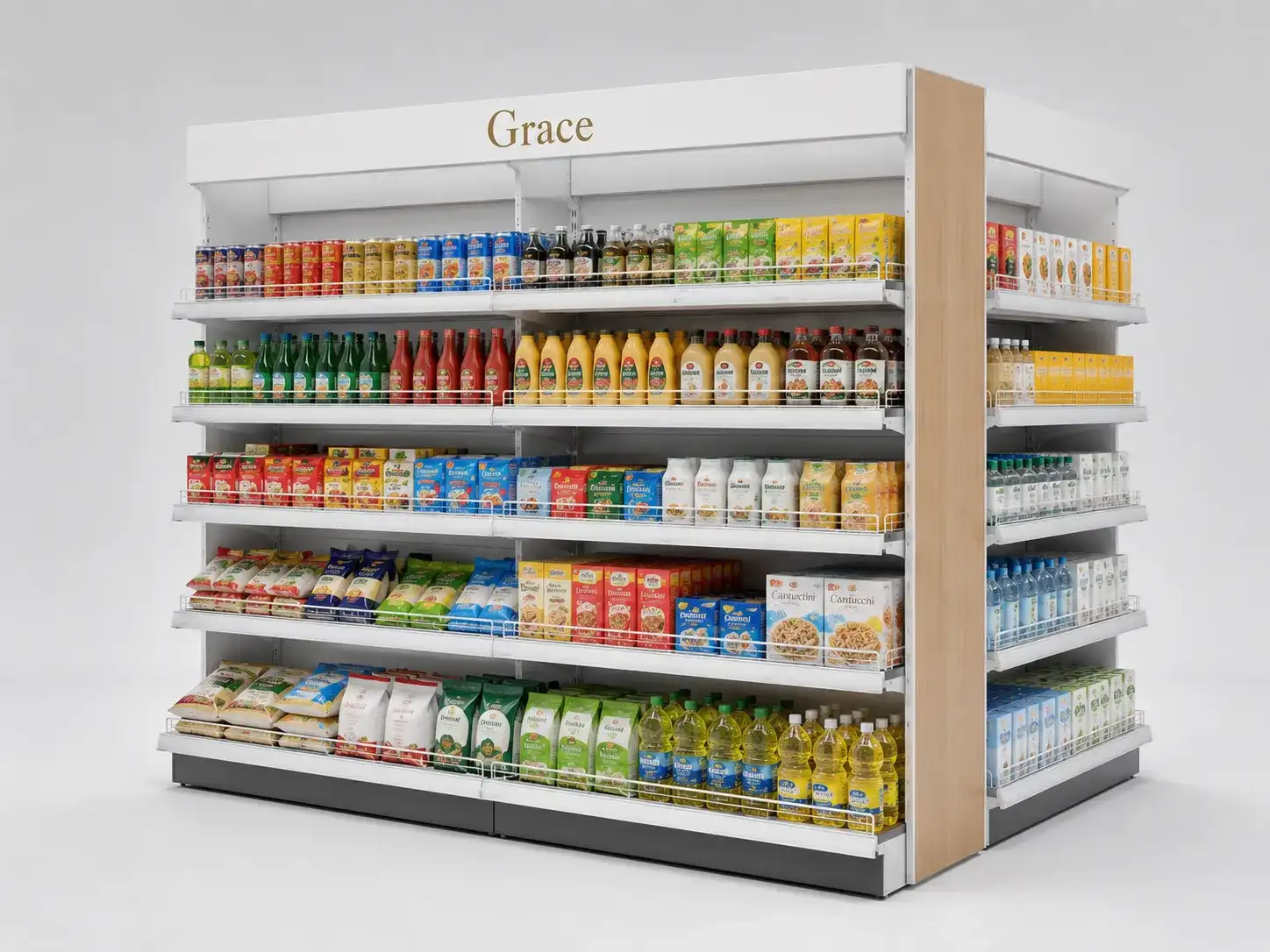 Modular gondola shelving system with high capacity supermarket display racks and durable design