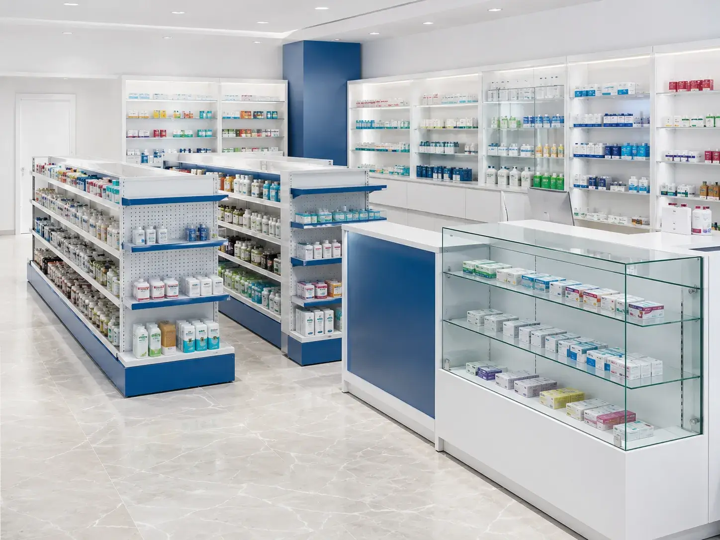 Modular pharmacy gondola shelving system and glass display counters for modern drugstore retail