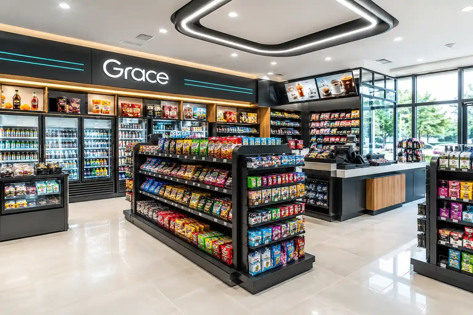 Modern convenience shopfitting with tiered snack gondolas and beverage refrigerators for retail