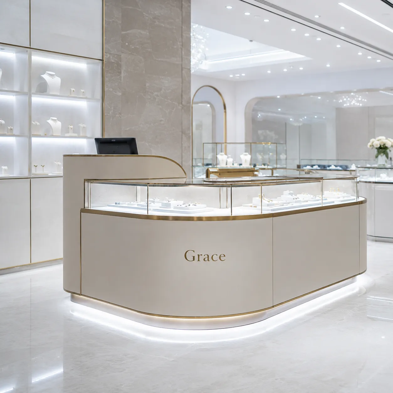 Custom curved jewelry store POS checkout counter with gold trim and LED base for shopfitting