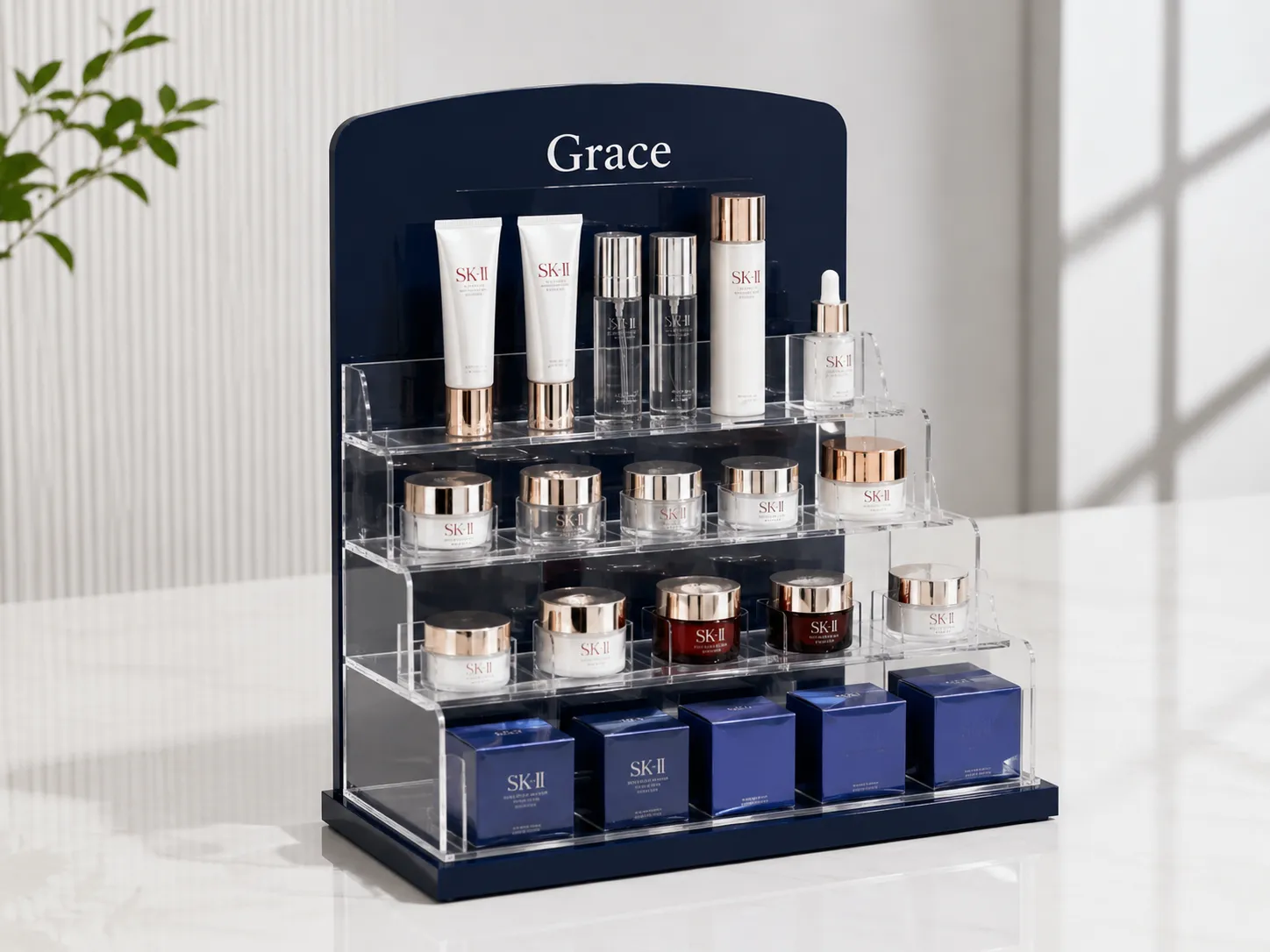 Custom acrylic cosmetic display stand with tiered shelving for skincare retail branding