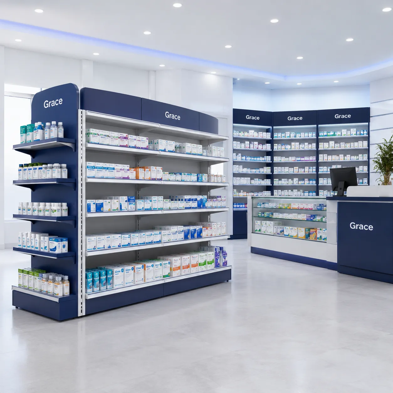 Custom blue pharmacy gondola shelving and glass display counters for high capacity shopfitting