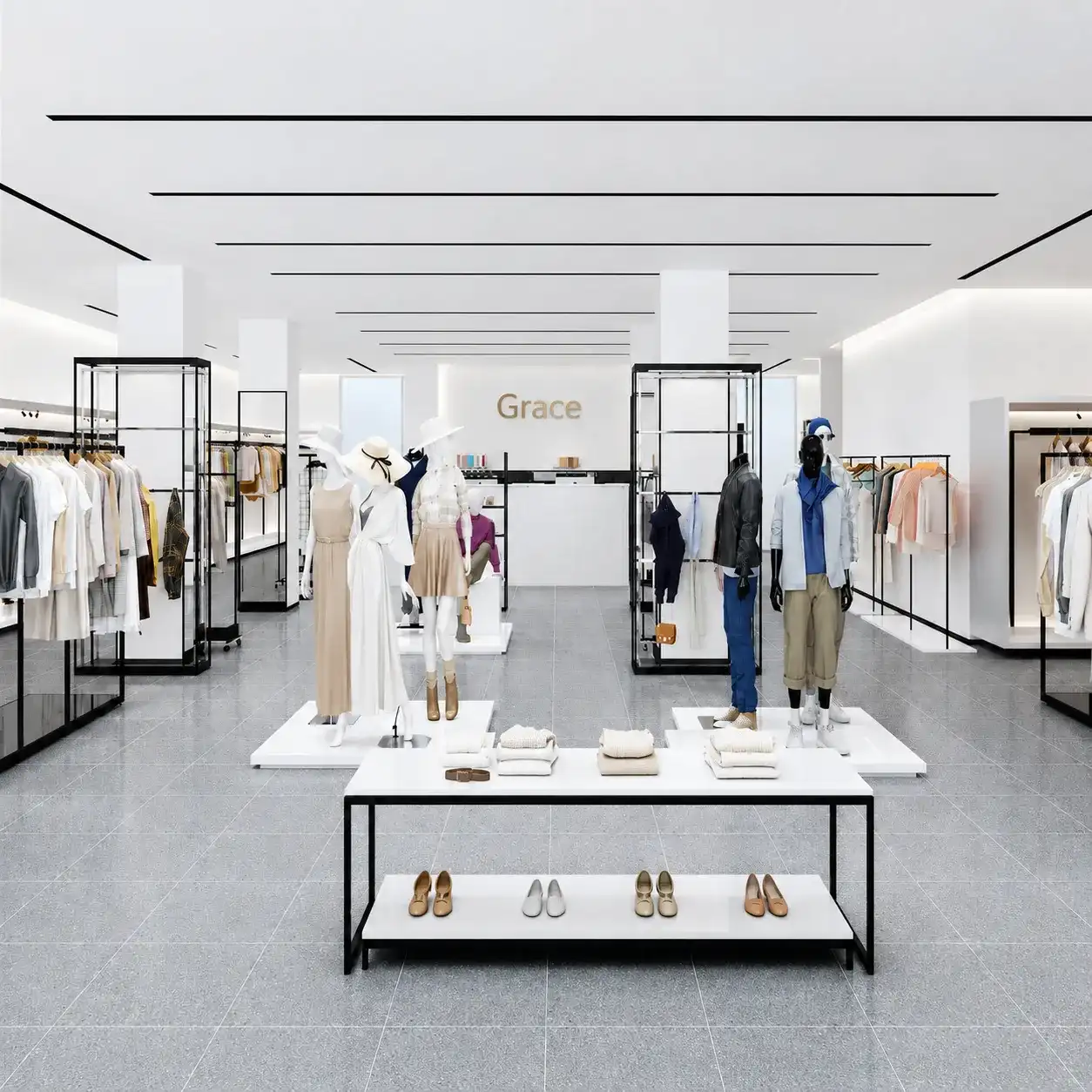 Custom Clothing & Garment Store shopfitting: black metal racks and nesting tables for boutique
