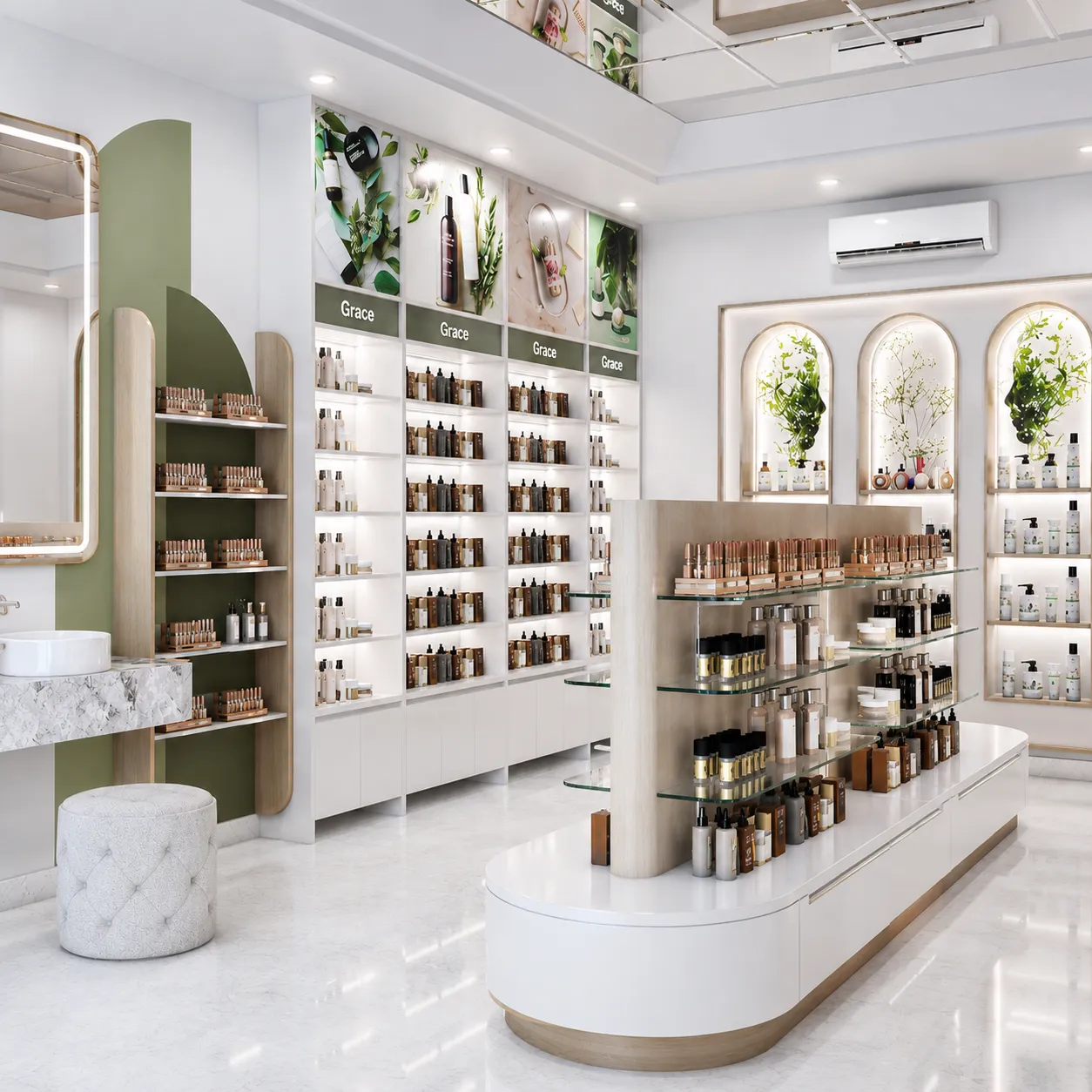 Custom Cosmetic Store Shopfitting with curved island shelving and arched wall displays for boutiques