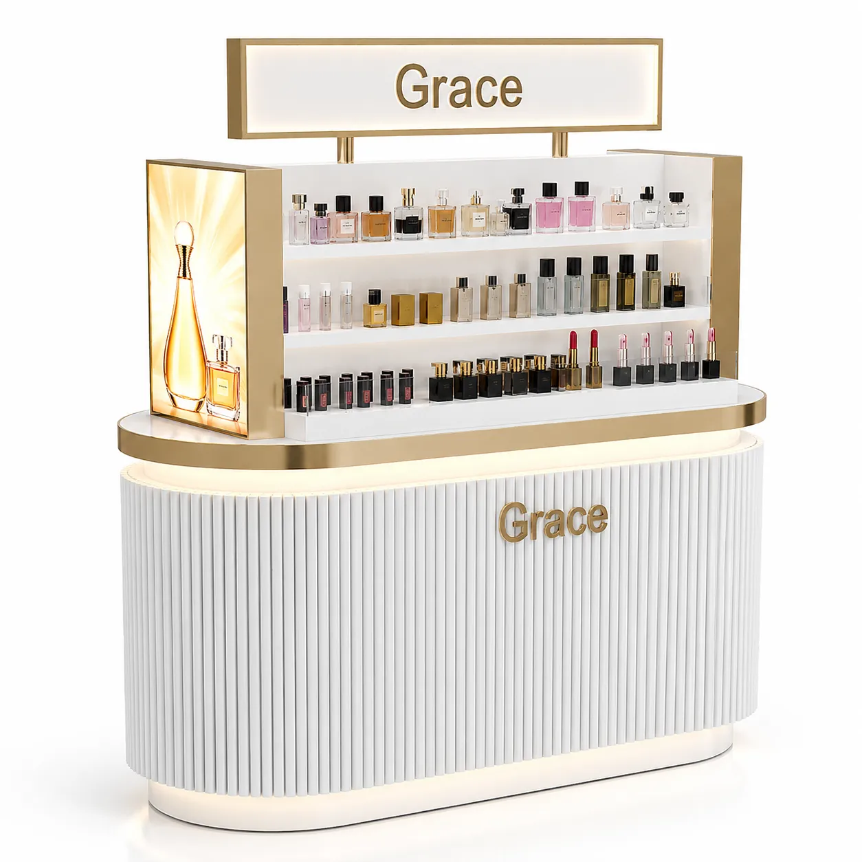 custom cosmetics & perfume island display with LED lighting and gold accents for retail boutiques