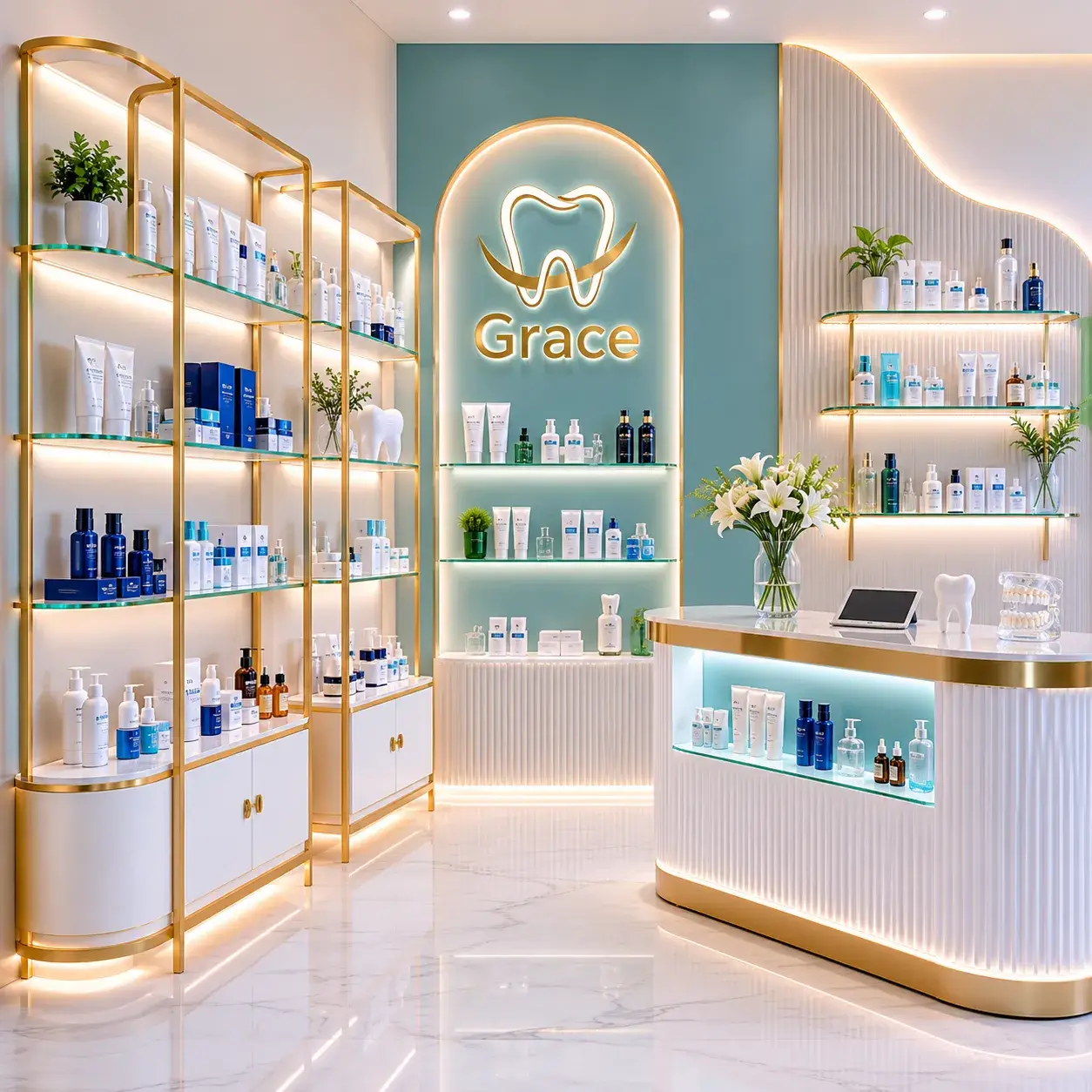 Bespoke Dental and Aesthetic Clinic Display fixtures with gold shelving and fluted reception desk