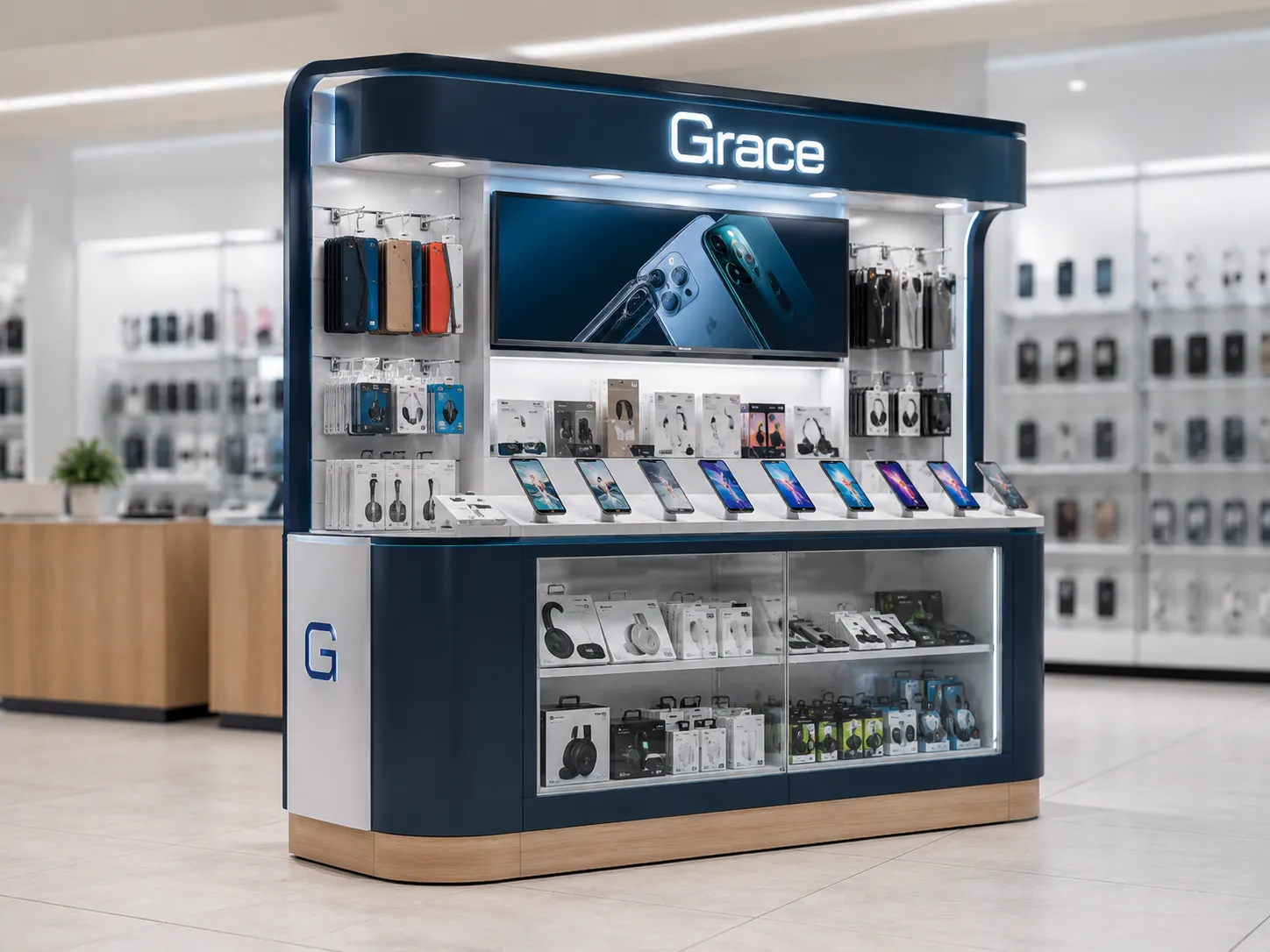 Custom electronics retail kiosk with digital display screen and mobile accessory shelving