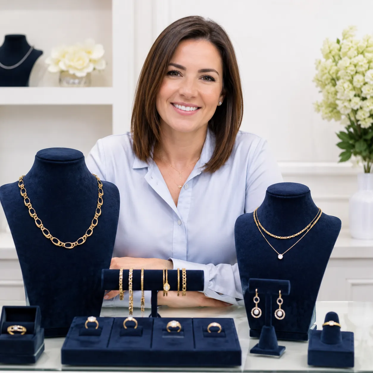 Sarah M., owner of S*** Fine Jewelry, reviewing our custom jewelry display cabinets and velvet store fixtures