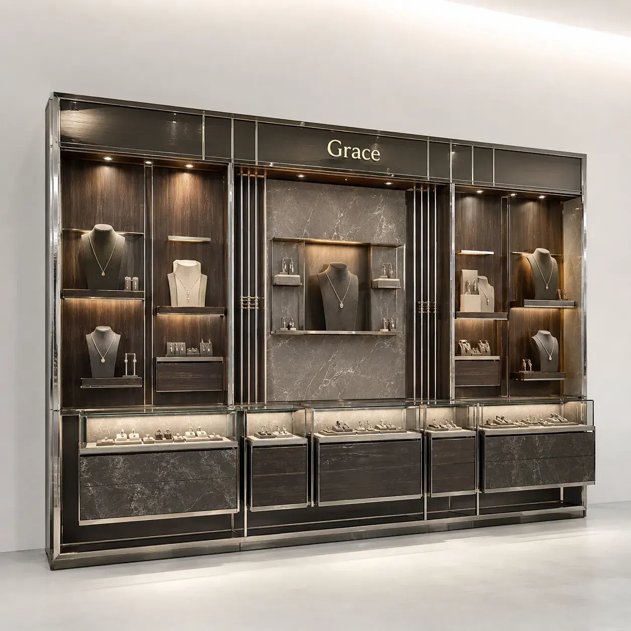 Bespoke Jewelry Store Display Systems with stainless steel framing walnut panels marble backings