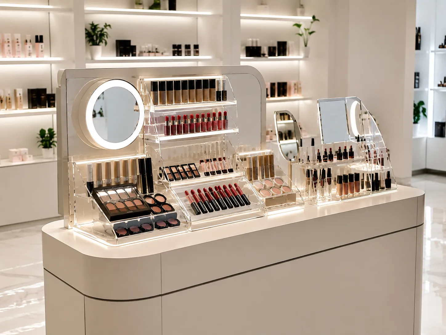 Custom LED illuminated acrylic cosmetic display stand with makeup organizer for luxury beauty retail store