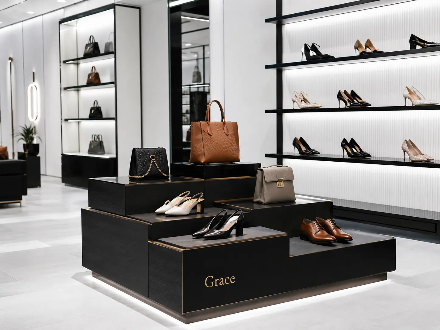 Bespoke luxury bags and shoes display with tiered pedestal and LED wall racks for shopfitting