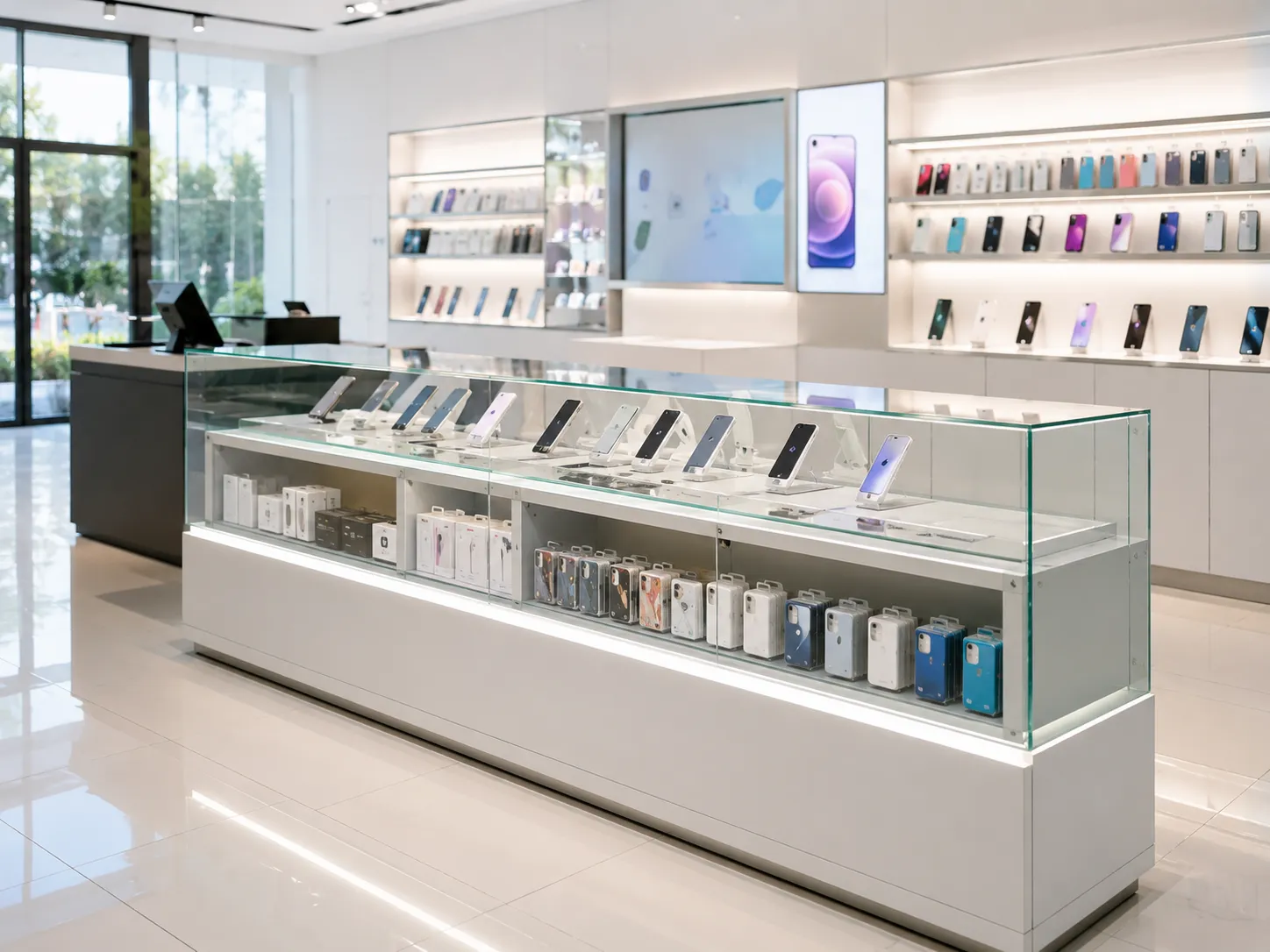 Custom mobile phone display counter and retail electronics showcase with glass shelving for modern smartphone store