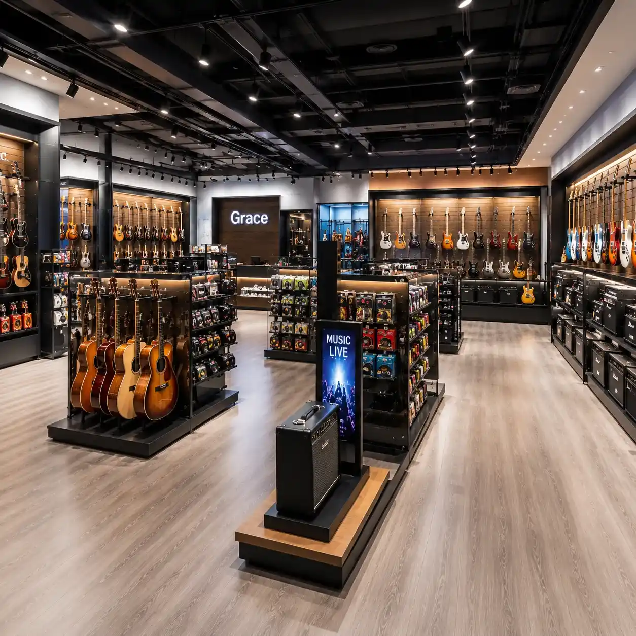 Bespoke Musical Instrument Display shopfitting systems for professional guitar and music stores