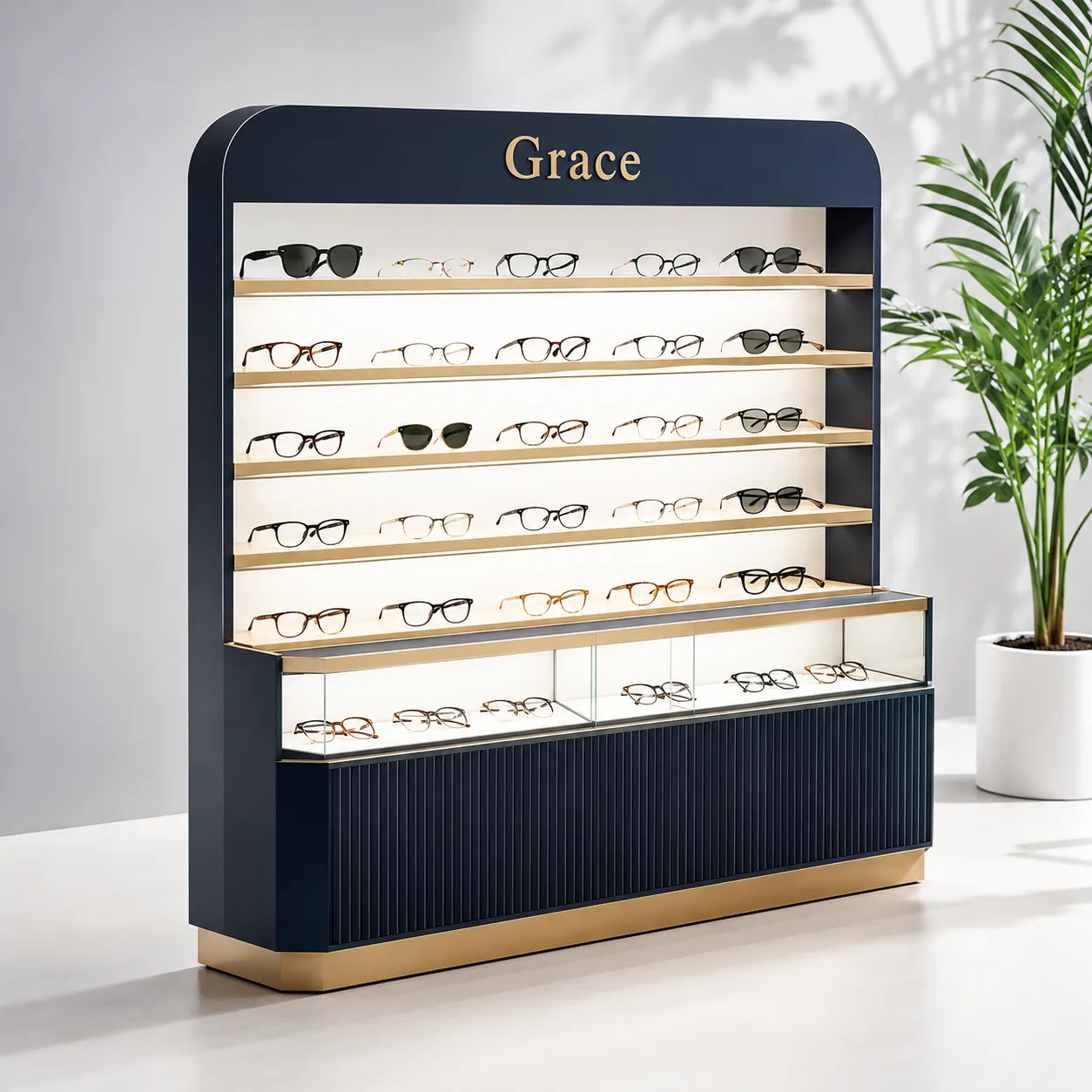 Custom optical display kiosk with LED illuminated shelving for luxury eyewear retail shopfitting