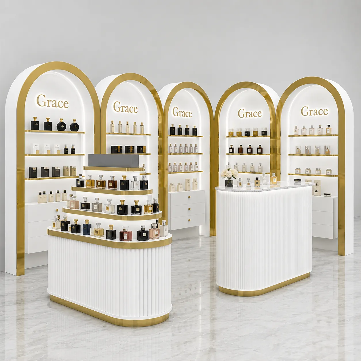 Bespoke cosmetics & perfume island counter with fluted base and LED lighting for shopfitting