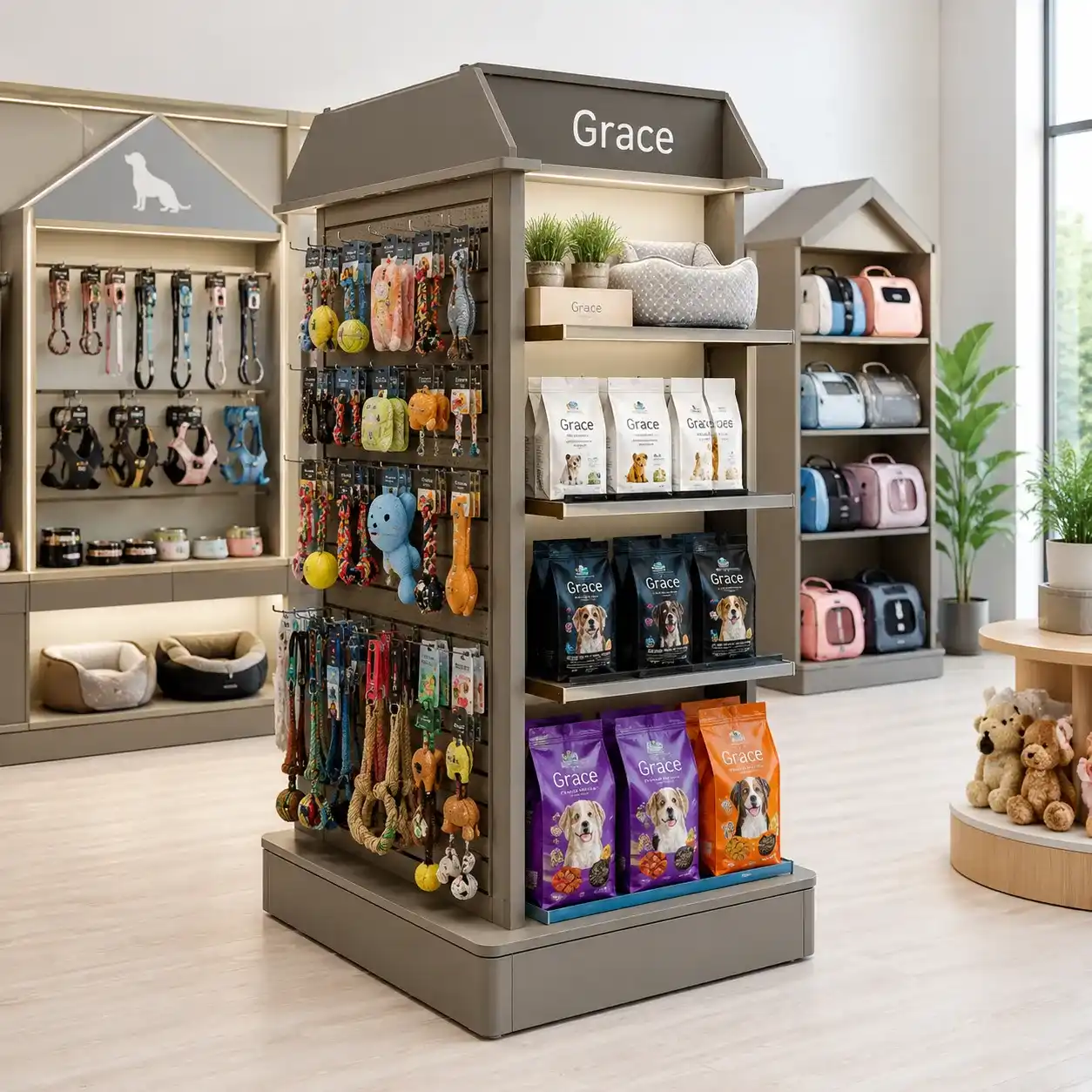 Custom pet store shopfitting fixtures with house shaped LED gondola and pegboard displays