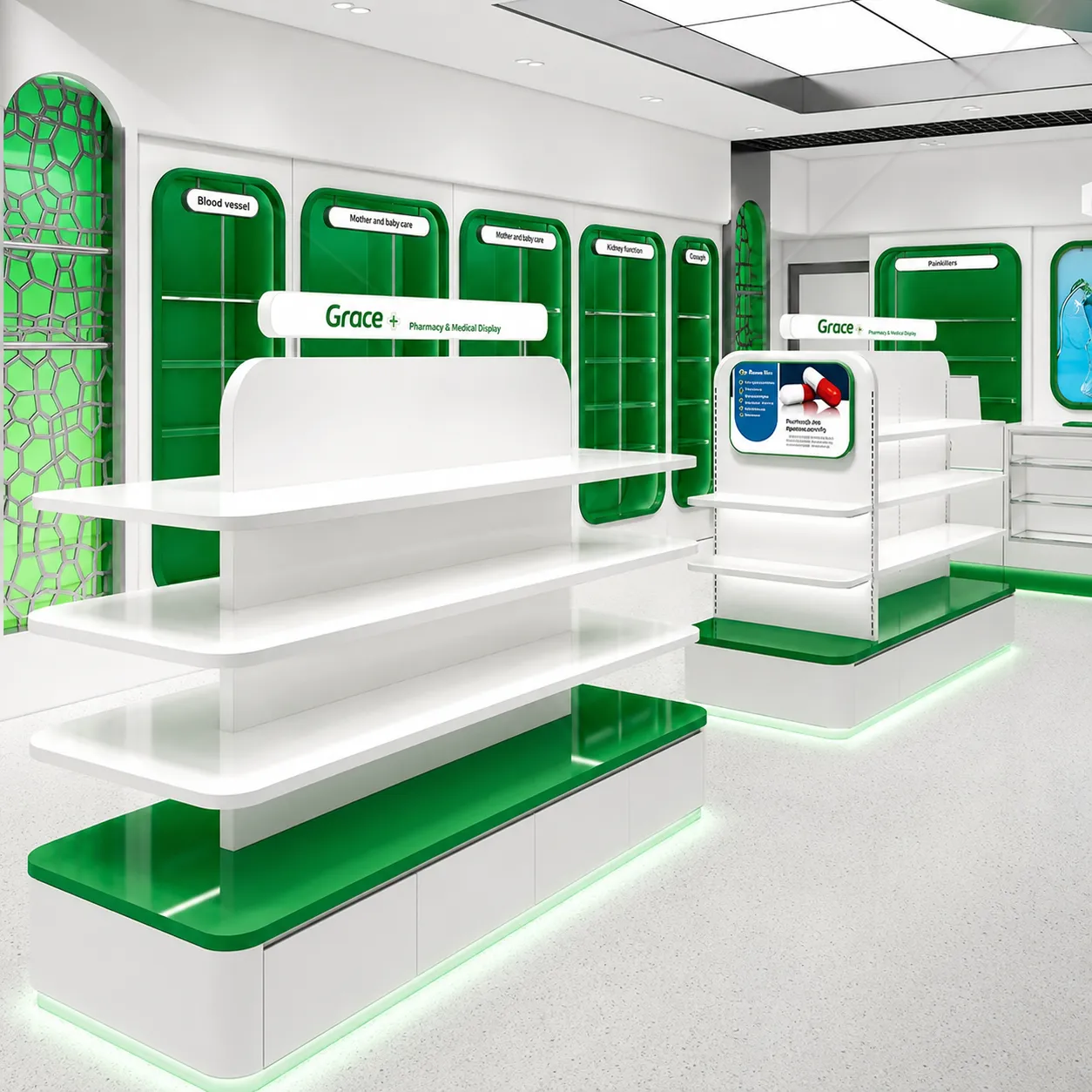 Custom Pharmacy & Medical display shopfitting systems with green LED gondola shelves and wall units