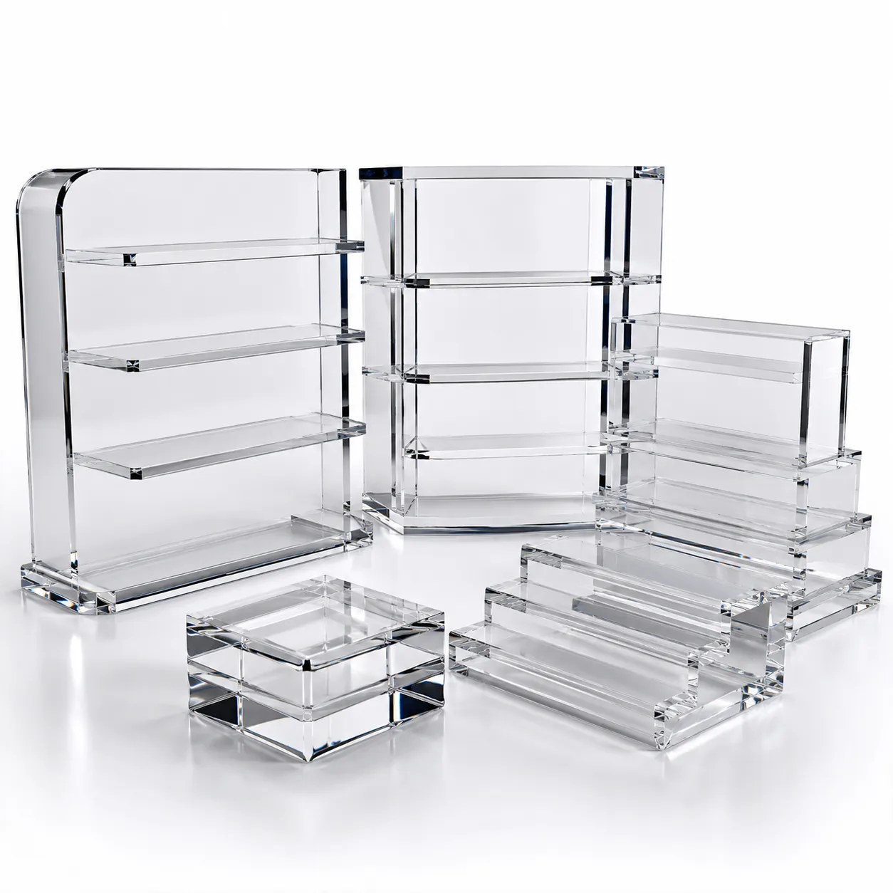 Bespoke clear acrylic display stands and tiered risers for retail shopfitting