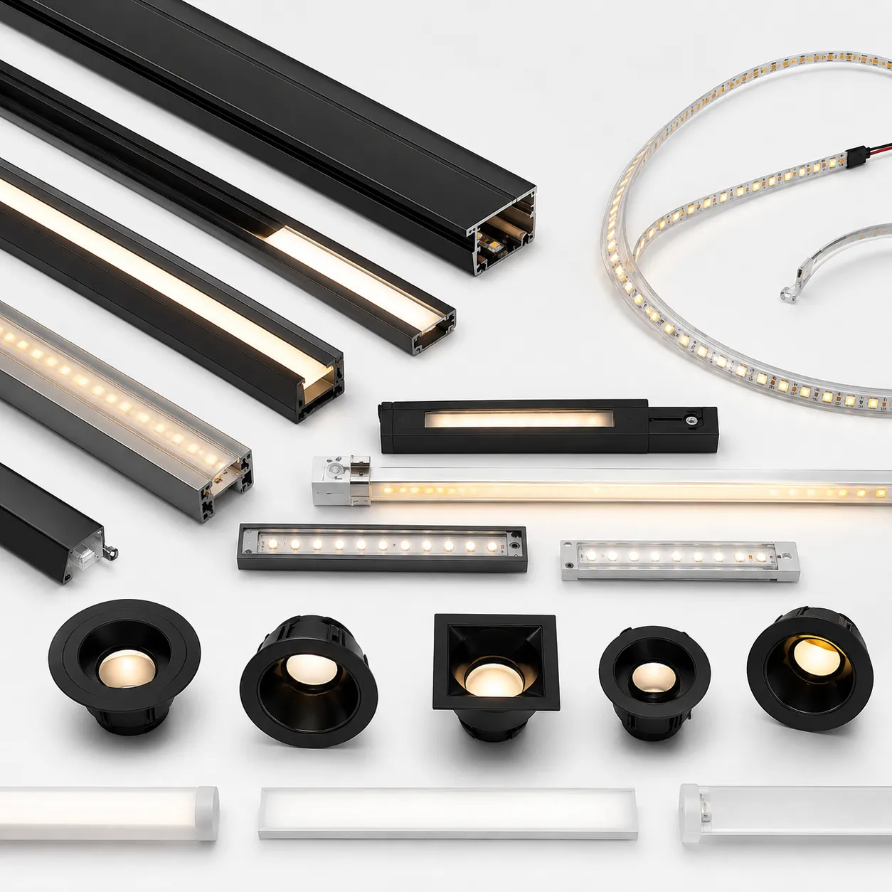 Professional LED lighting for retail shopfitting including aluminum profiles and spotlights