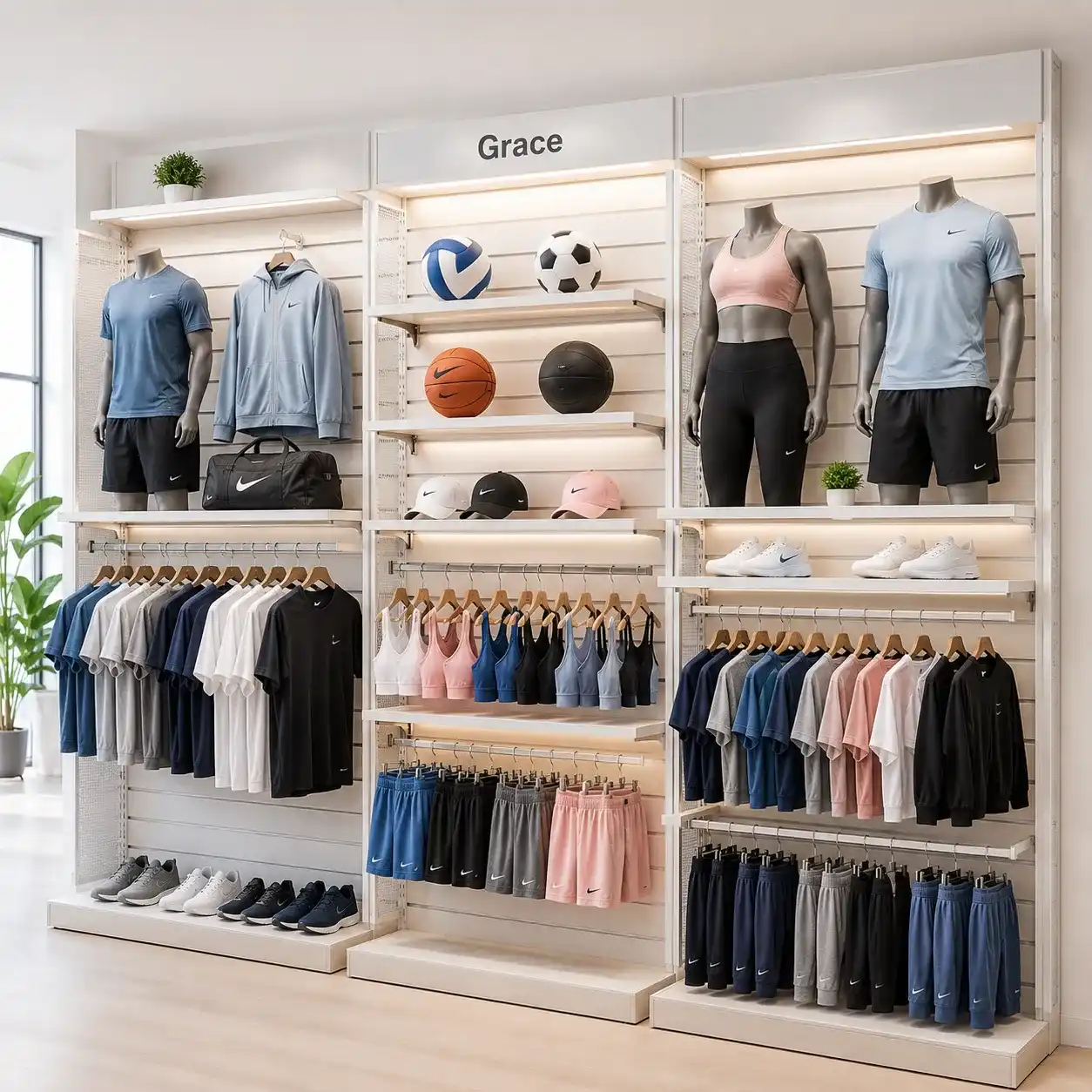 Custom sporting goods shopfitting with load-bearing white slotwall systems and LED shelving