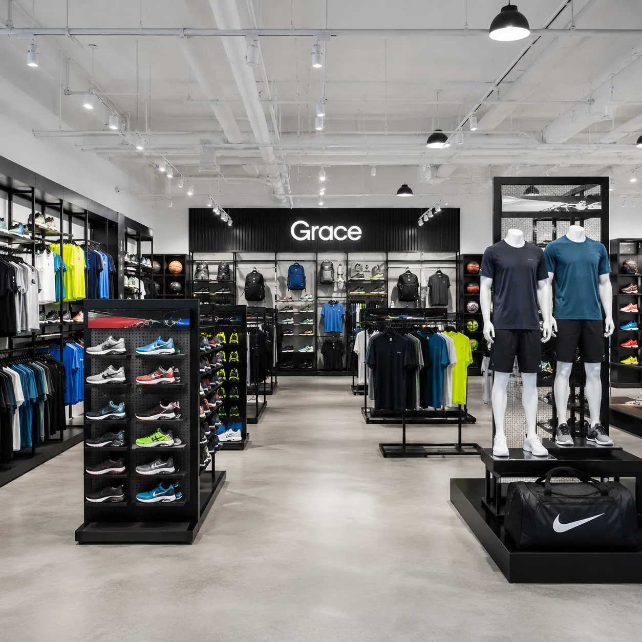 Custom sports shopfitting systems featuring modular gridwalls footwear displays and mannequins