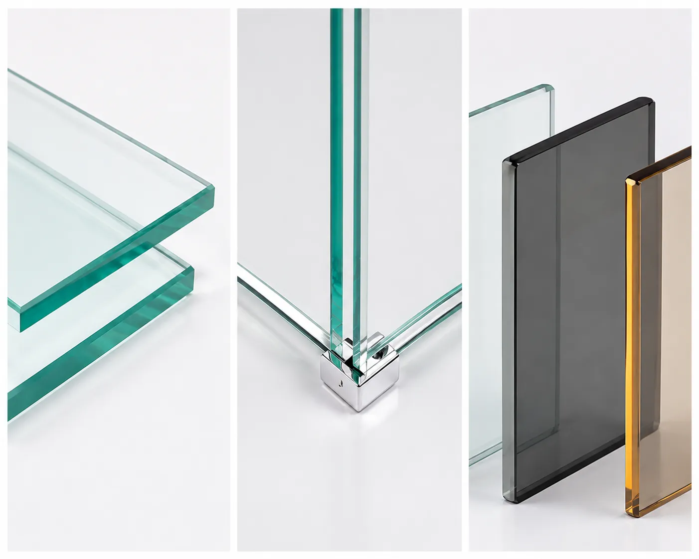 Premium tempered glass samples for custom shopfitting including clear and tinted glass
