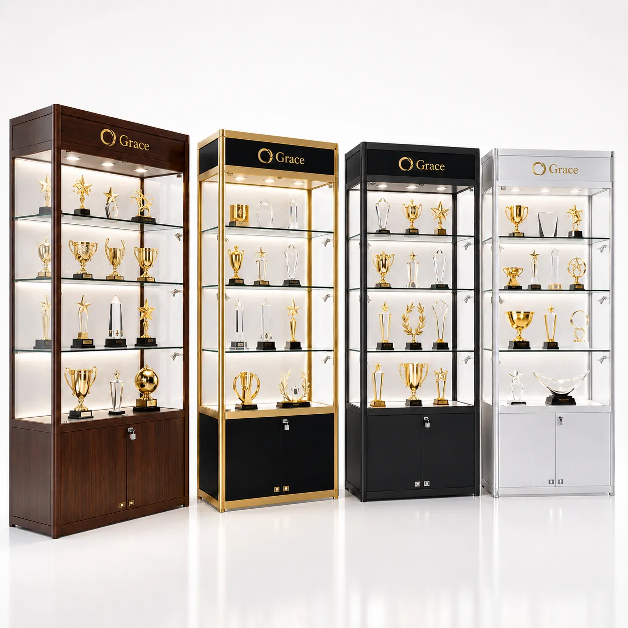 Bespoke Trophy & Award Display glass showcases with LED lighting and lockable storage for shopfitting