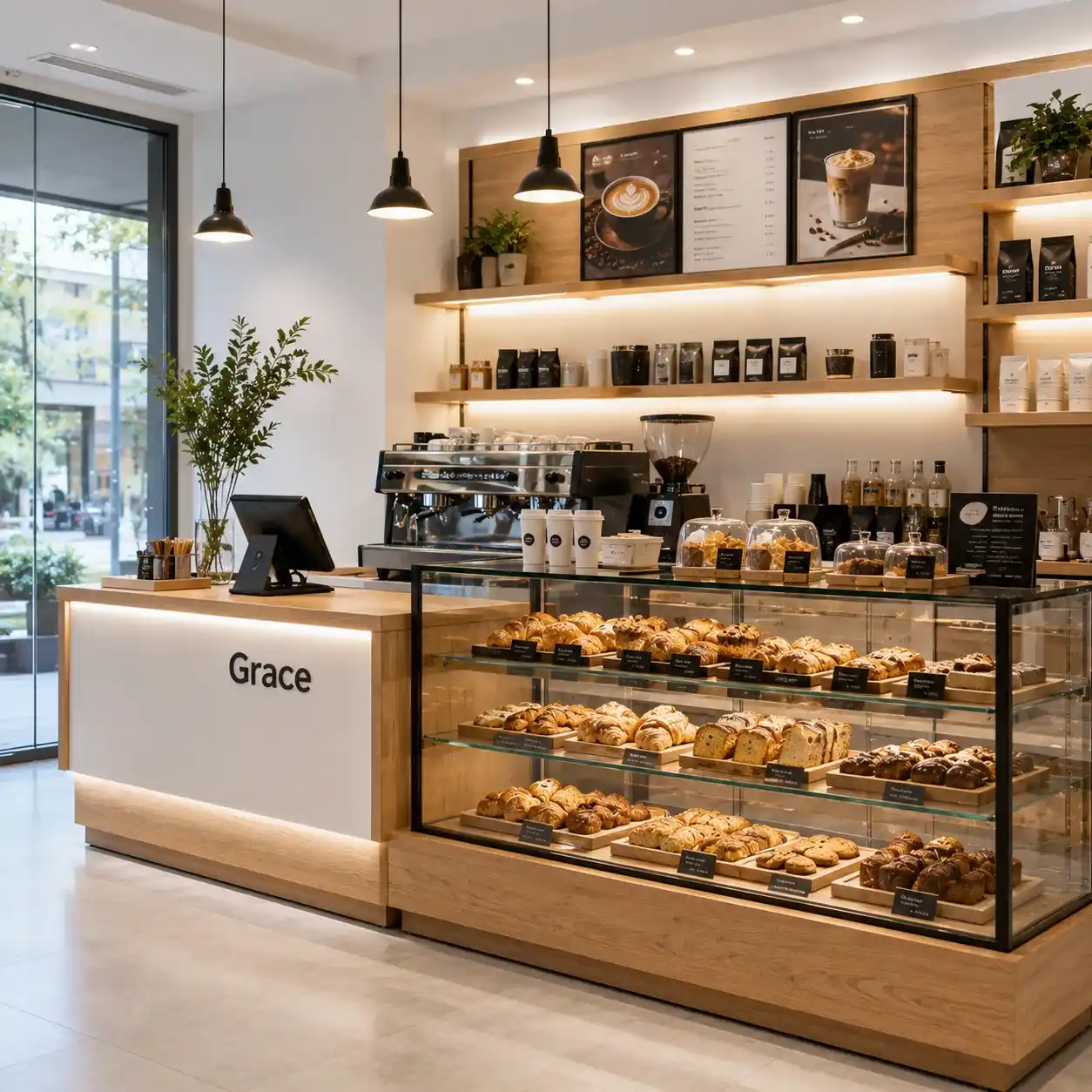 Bespoke wooden coffee shop display counter with glass pastry showcase and LED shelving forshopfitting