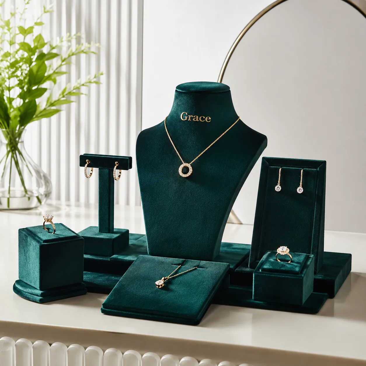 Bespoke emerald green Italian micro velvet jewelry display prop sets for shopfitting