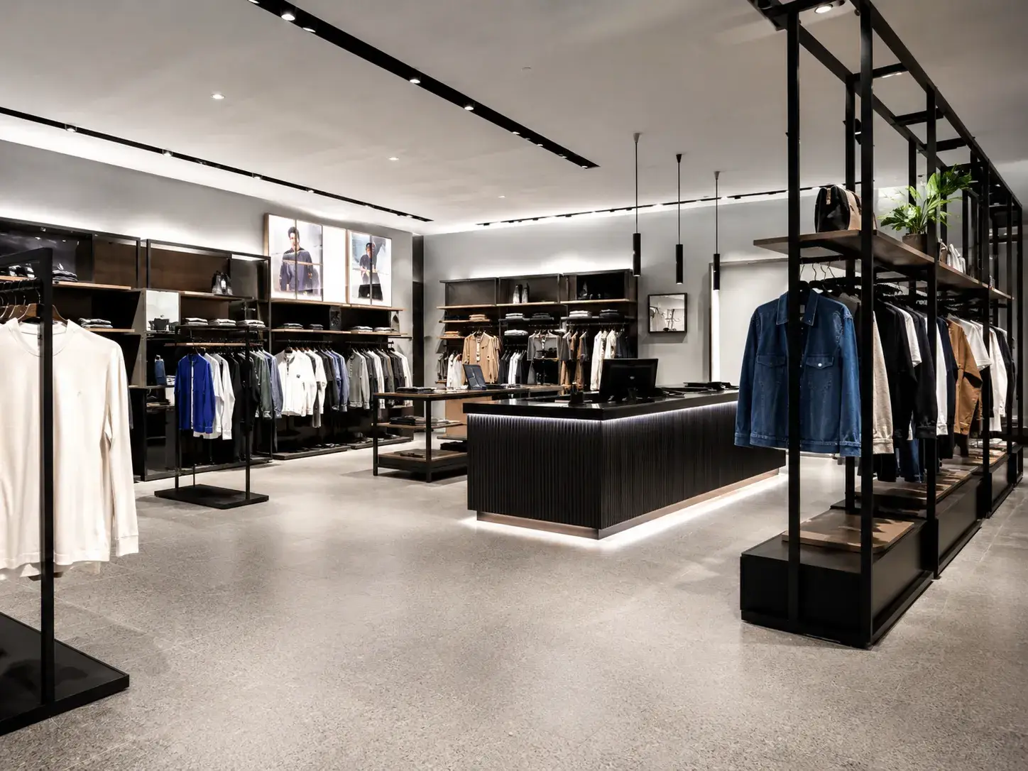 Modular garment racks and fluted checkout counter for Fashion Brand Store Australia shopfitting