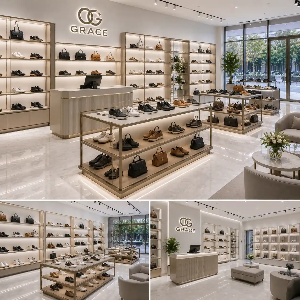 Footwear Bags Shopfitting Gold Metal Racks Tiered Island Displays