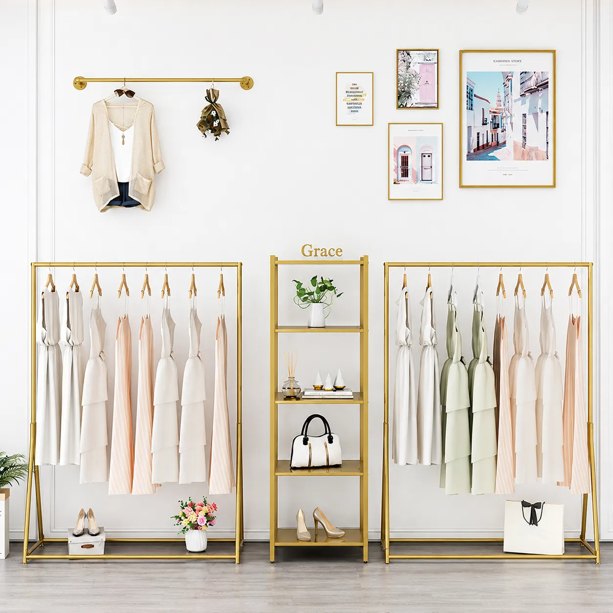 Custom gold metal garment racks for Bridal & Wedding Display shopfitting in elegant boutiques
