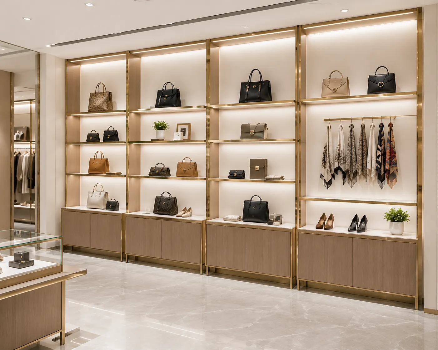 Bespoke gold Wall Display Shelving with integrated LED for luxury retail bags and shoe shopfitting