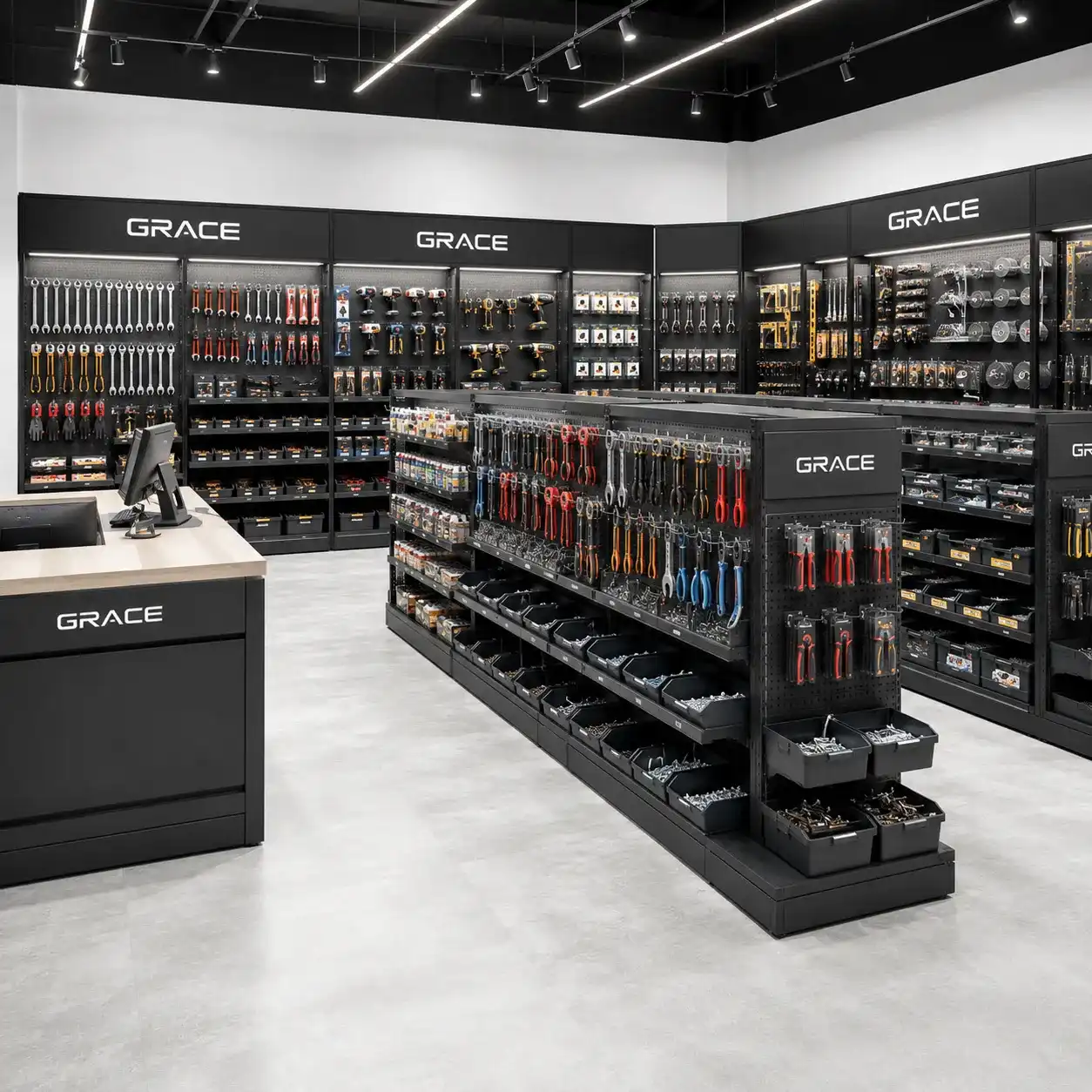 Bespoke heavy duty hardware store shopfitting systems with tool pegboard walls and bulk bins
