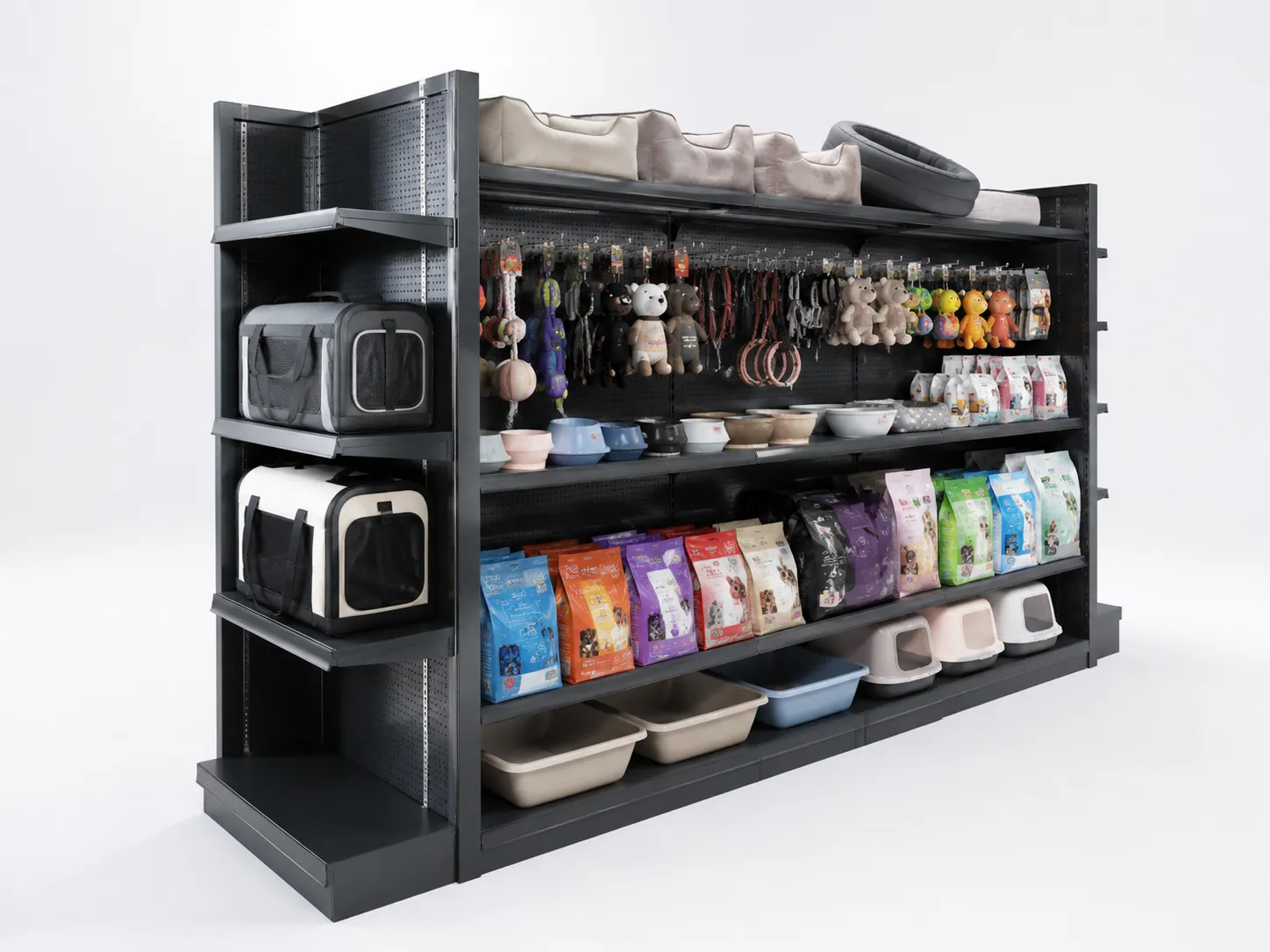 Bespoke heavy duty pet store shopfitting with metal gondola shelving and pegboard