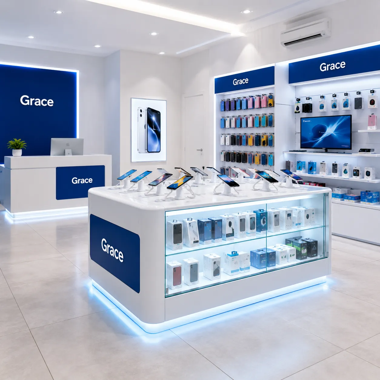 Custom interactive mobile phone display counter with anti-theft stands and tech shopfitting