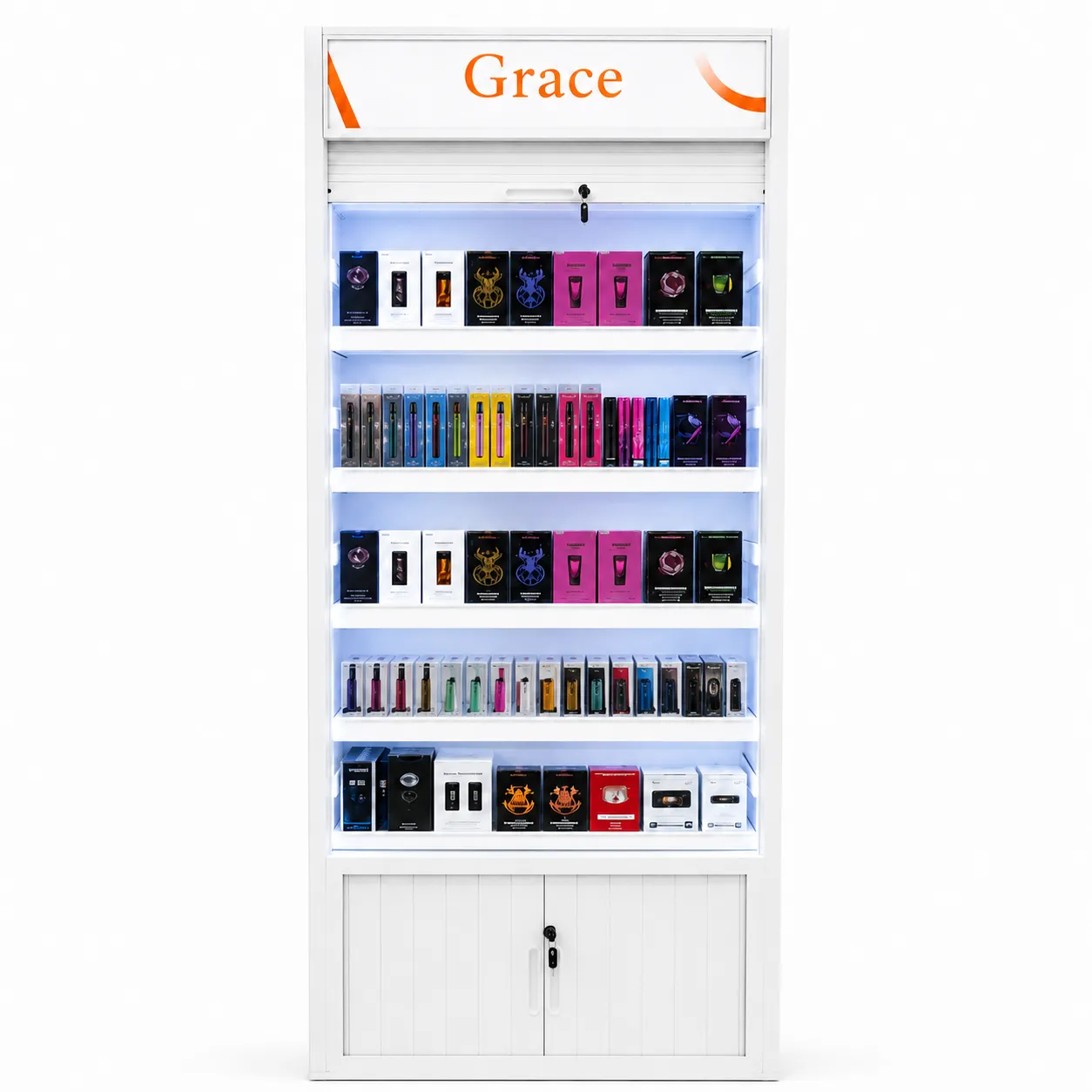 Custom LED tobacco and vape display cabinet with security shutter for retail shopfitting