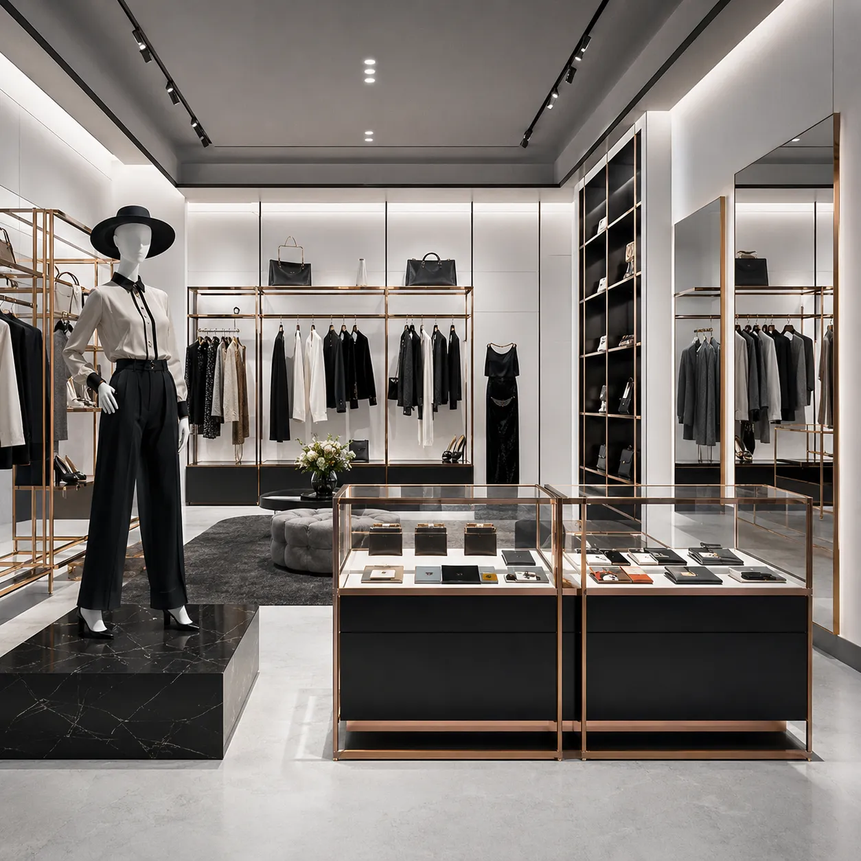Custom apparel shopfitting including rose gold metal racks mannequins and modular wall bays